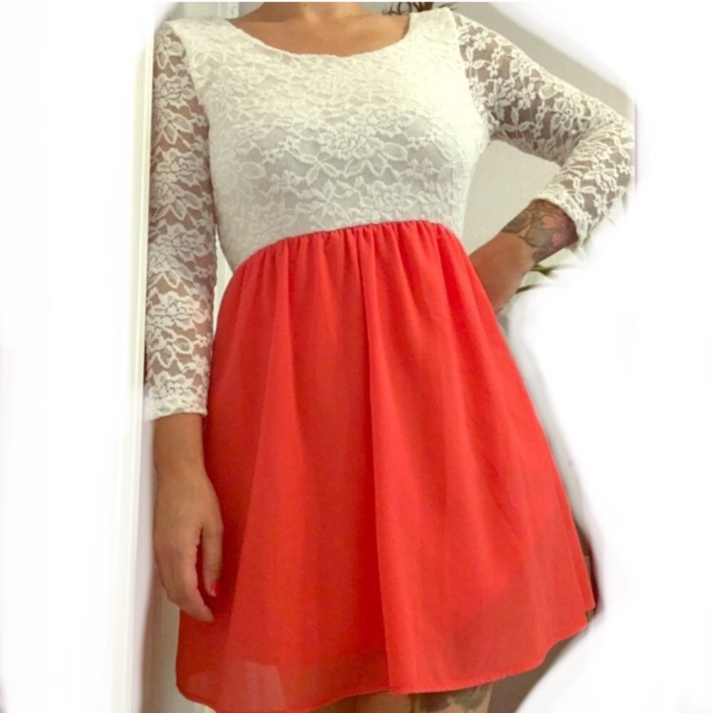 Women’s cottage core Midi Lace White Coral Babydoll Long Sleeve